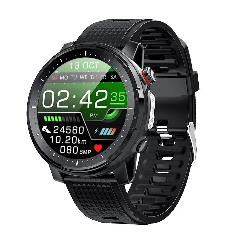 Black men's smartwatch with round screen and silicone strap showing IP68 waterproof Android compatibility.