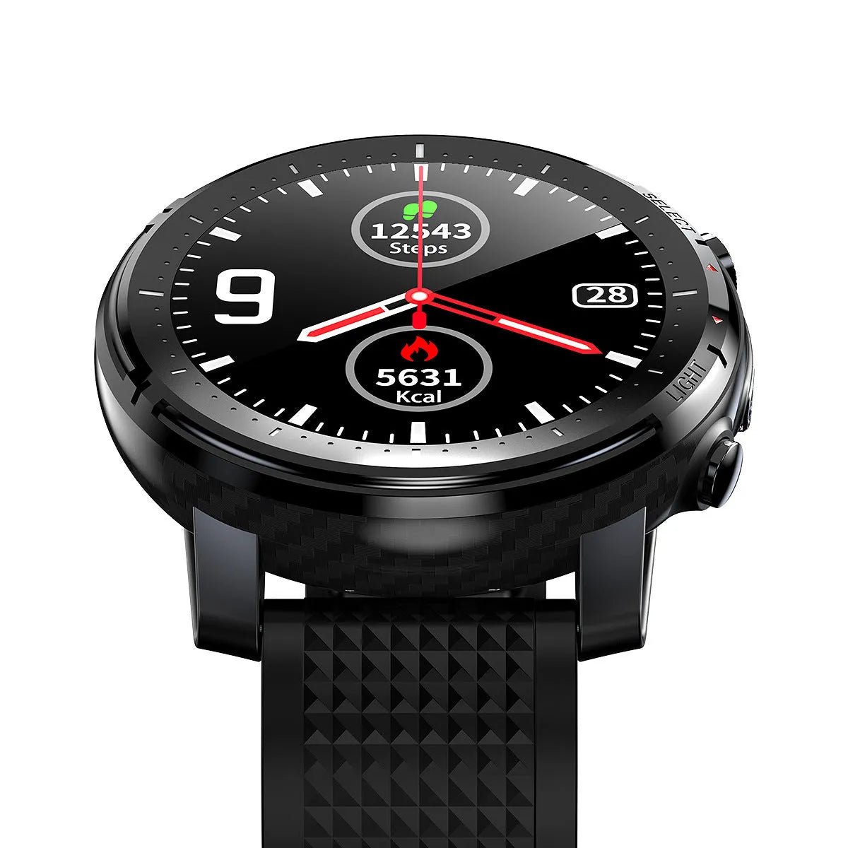 Black men's smartwatch with round screen and silicone strap showing IP68 waterproof Android compatibility.