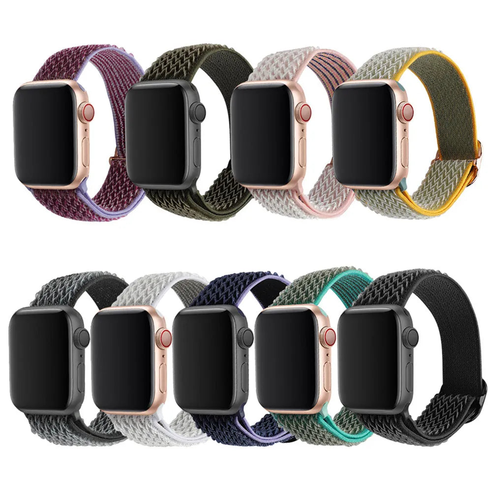 Nylon wave pattern elastic strap for Apple Watch in multiple colour options on a wrist.