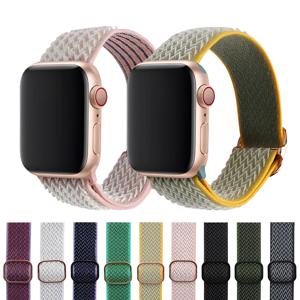 Nylon wave pattern elastic strap for Apple Watch in multiple colour options on a wrist.