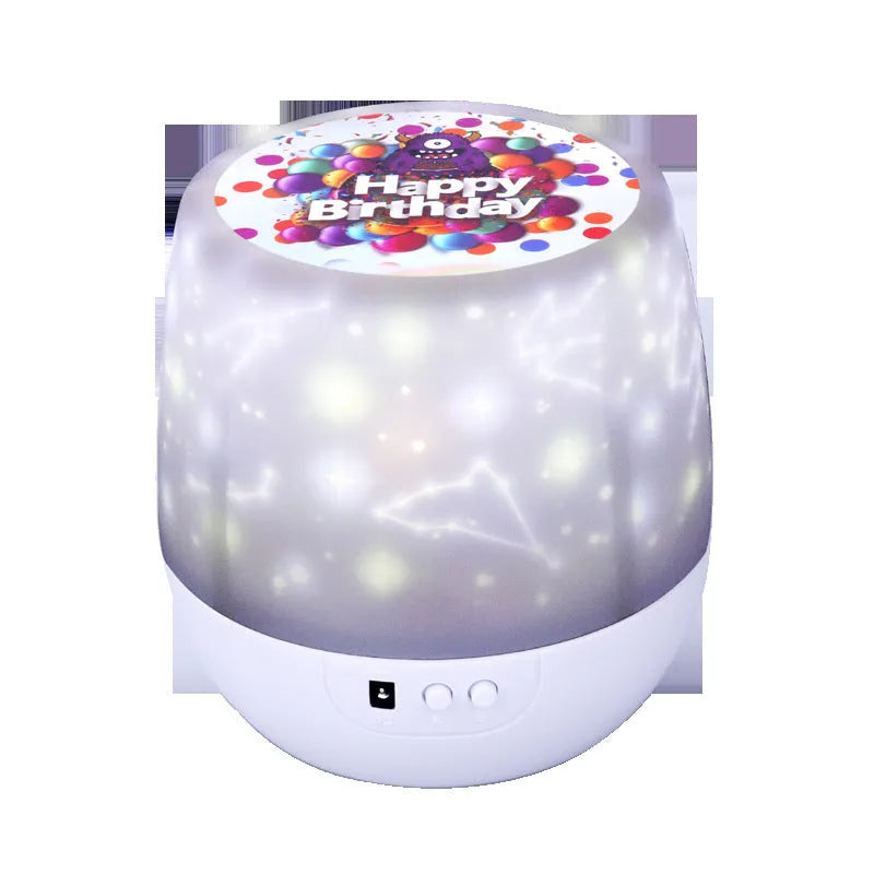 Starry sky projection lamp with plastic housing measuring 133mm by 127mm showing constellation film option