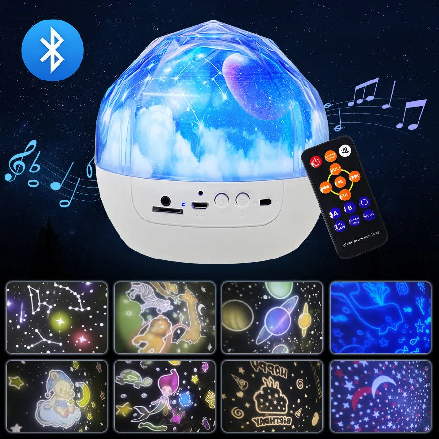 Starry sky projection lamp with plastic housing measuring 133mm by 127mm showing constellation film option