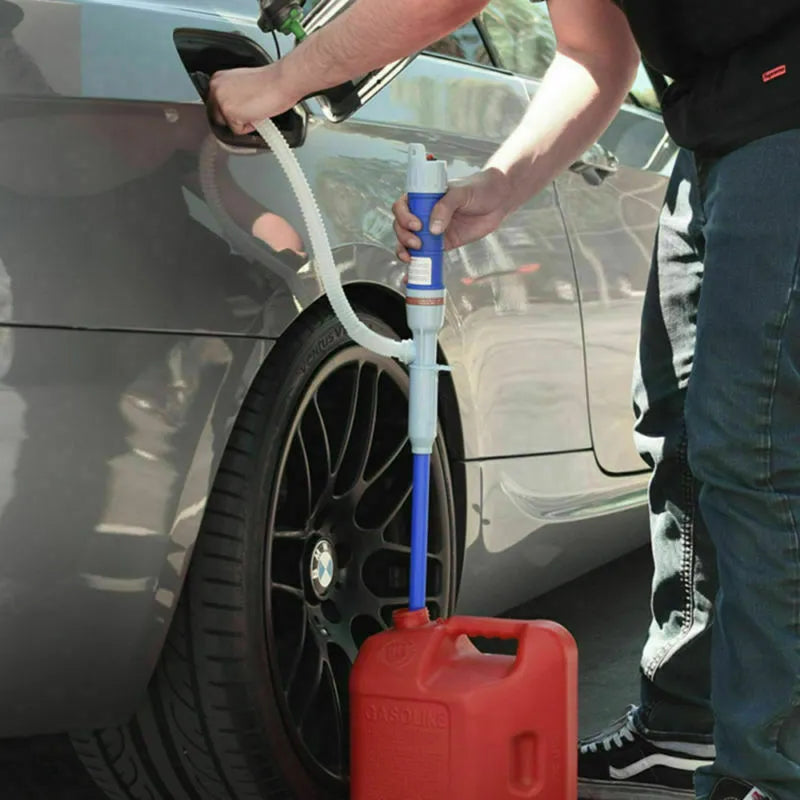 Blue manual hand pump for fuel and oil transfer with hoses