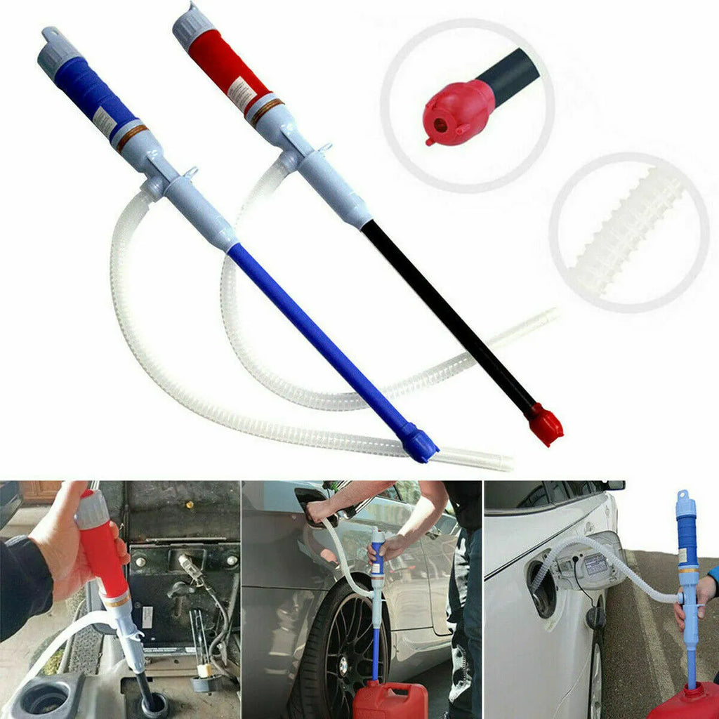 Blue manual hand pump for fuel and oil transfer with hoses