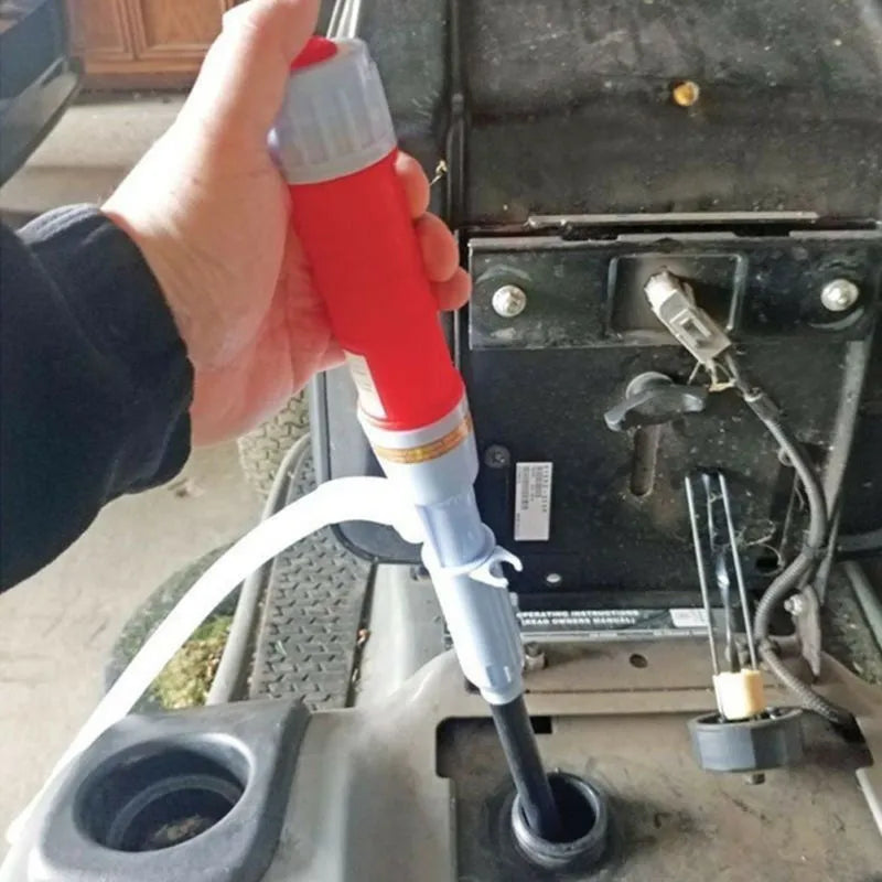Blue manual hand pump for fuel and oil transfer with hoses