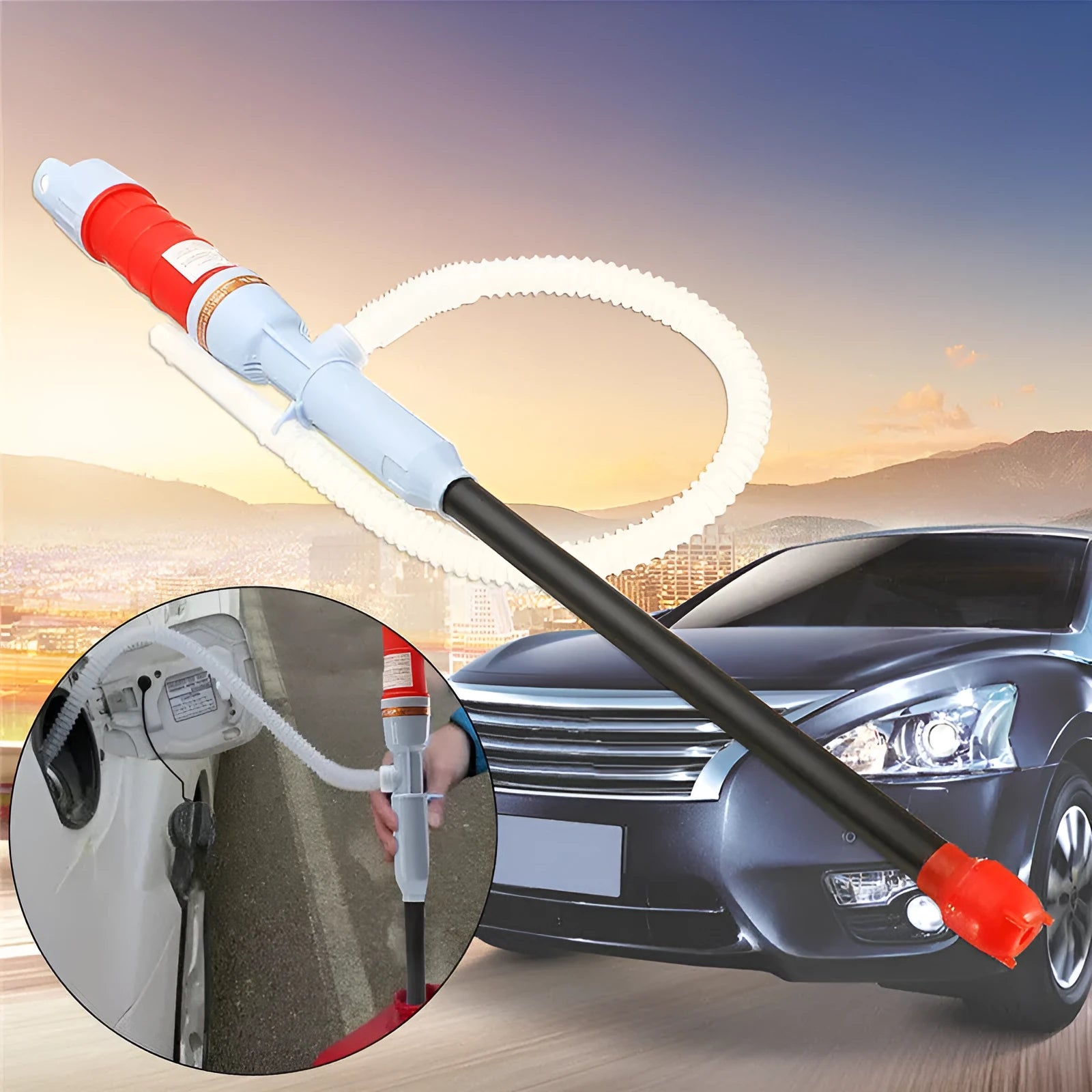 Blue manual hand pump for fuel and oil transfer with hoses