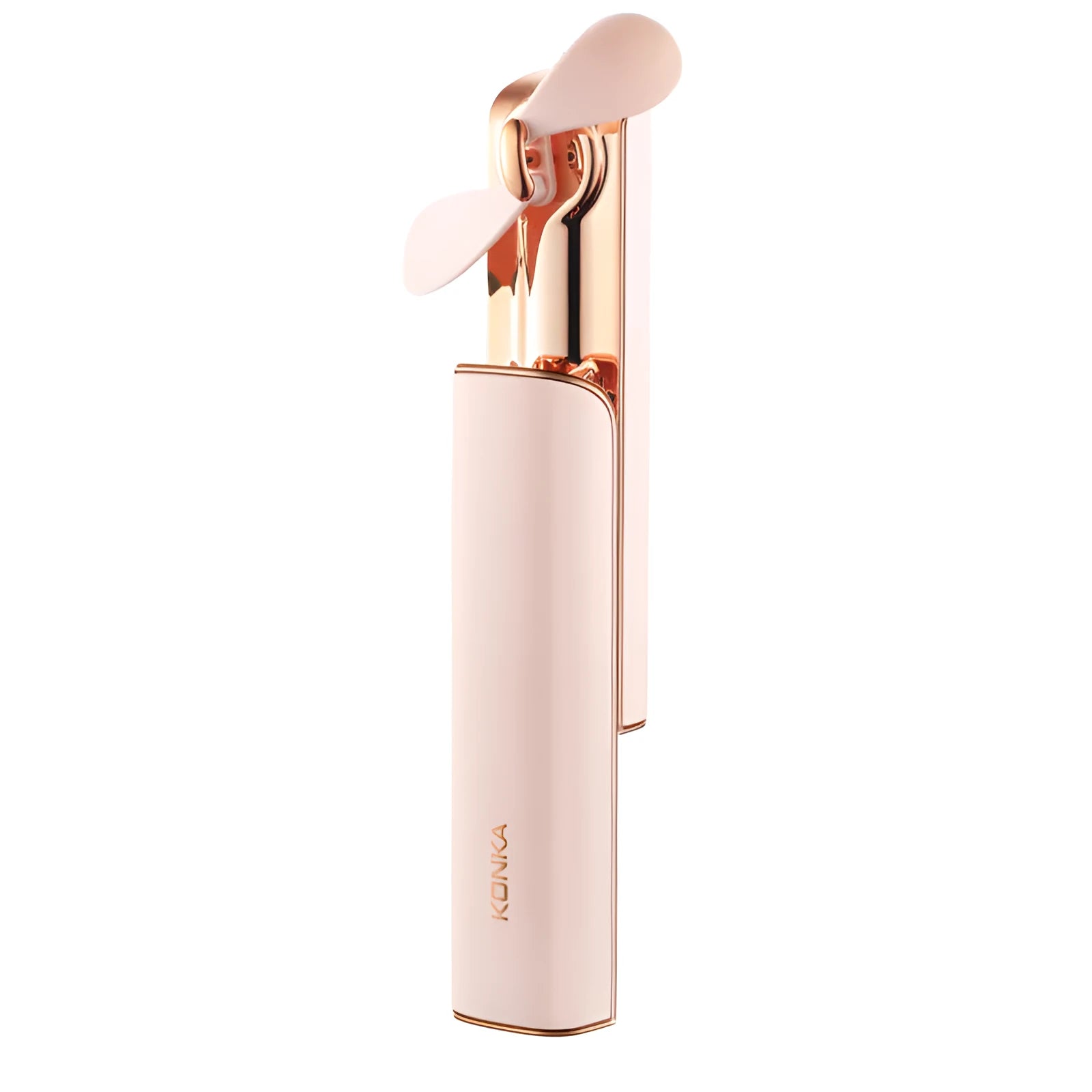 Pink folding handheld USB fan with mechanical speed dial, shown in open and closed positions.
