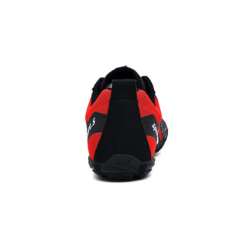 Outdoor quick-drying wading shoes in red, with mesh upper and textured rubber sole.