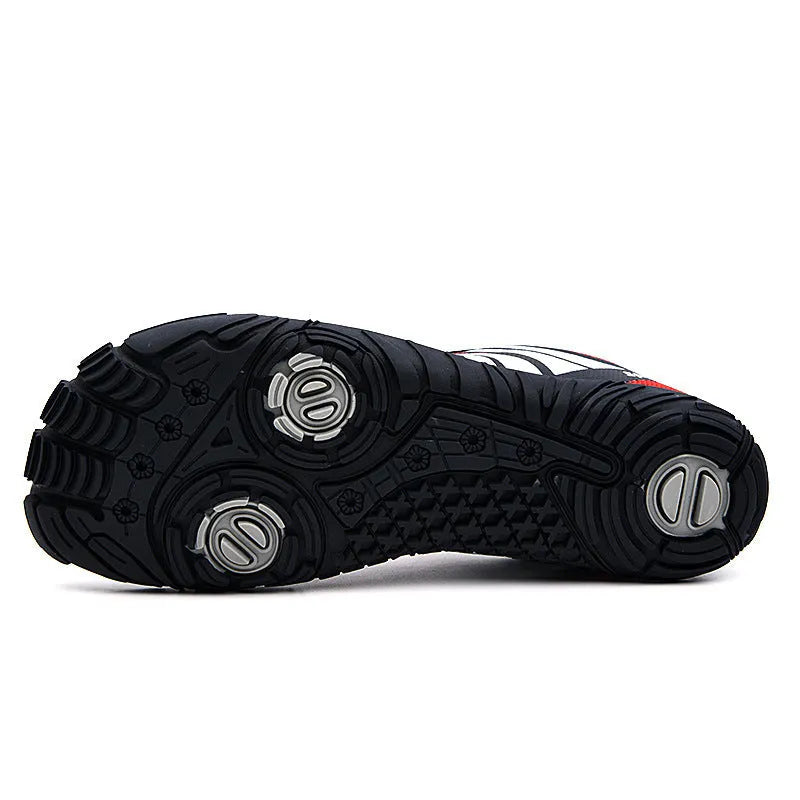 Outdoor quick-drying wading shoes in red, with mesh upper and textured rubber sole.