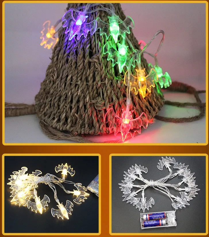 Halloween LED string lights with pumpkin, ghost, bat, and spider pendants measuring 1.2 metres