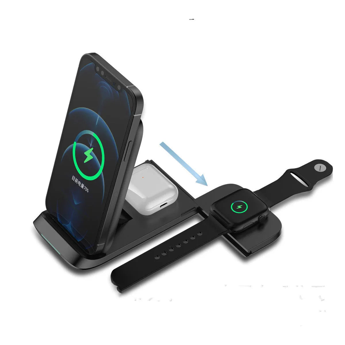 Three-in-one foldable wireless charger with indication function, Type-C input, black and white colour options