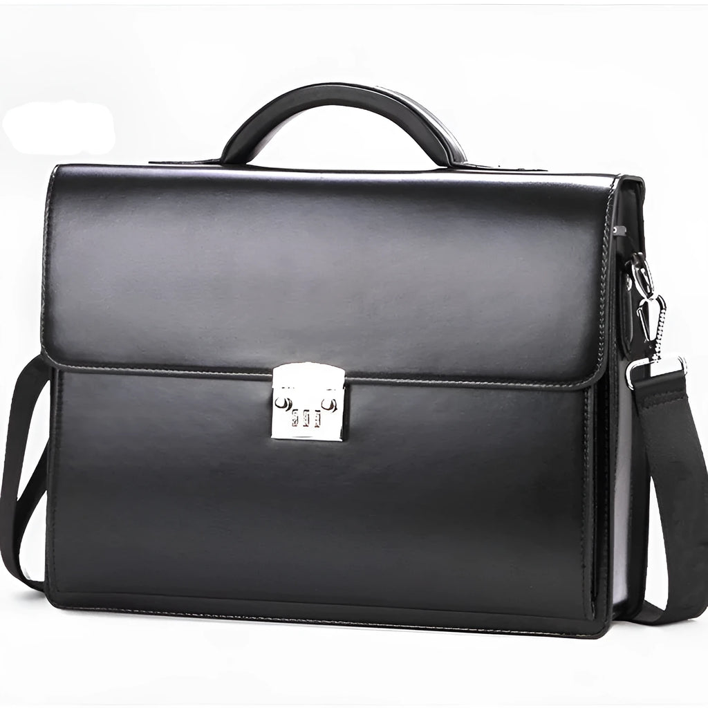 Men's black PU leather business briefcase with horizontal square design and zipper opening
