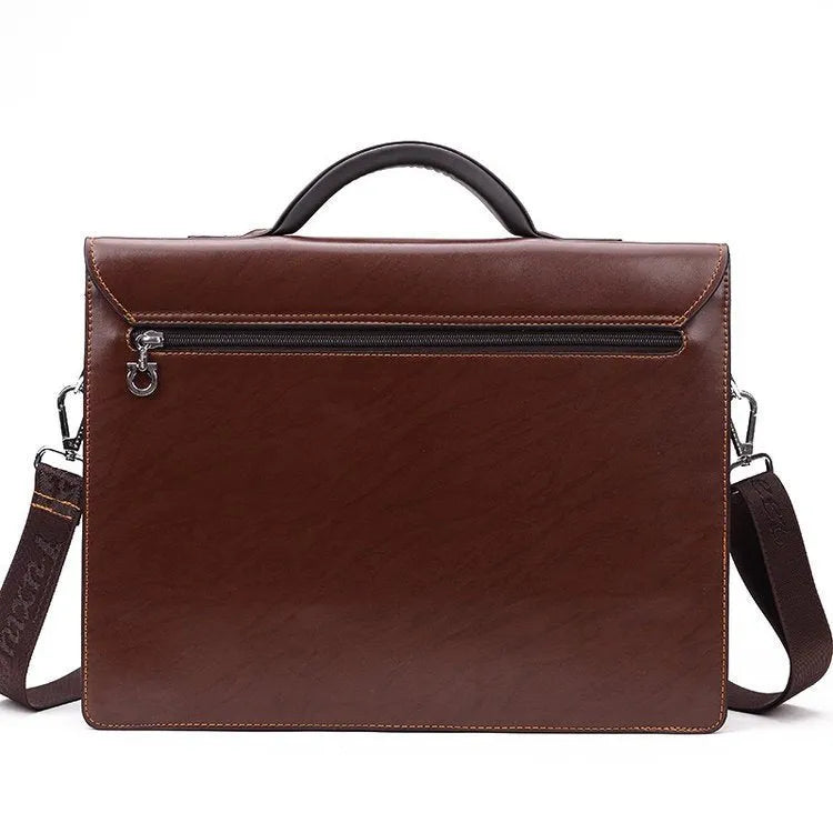 Men's black PU leather business briefcase with horizontal square design and zipper opening