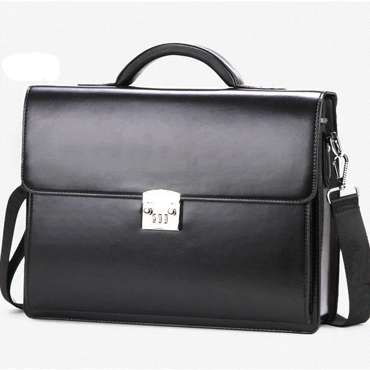 Men's black PU leather business briefcase with horizontal square design and zipper opening