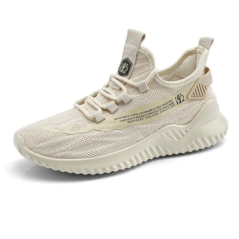 Men's white low-top casual sports shoes with mesh upper and rubber sole on a plain background.