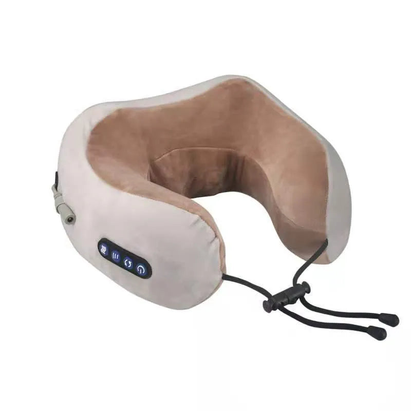 Brown U-shaped electric neck massager pillow on a grey background