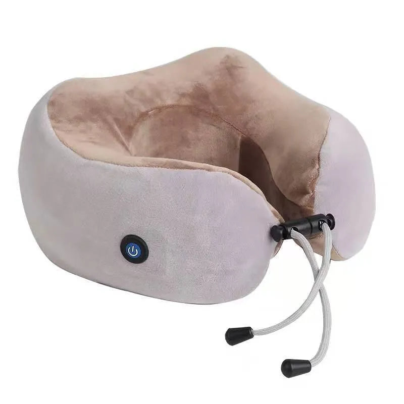 Brown U-shaped electric neck massager pillow on a grey background