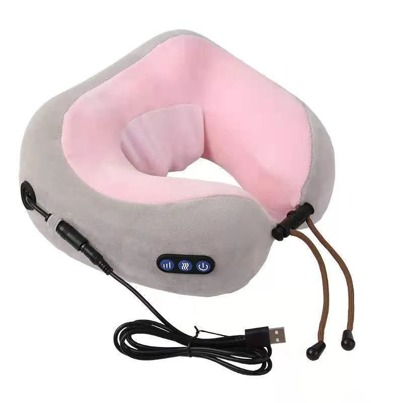Brown U-shaped electric neck massager pillow on a grey background
