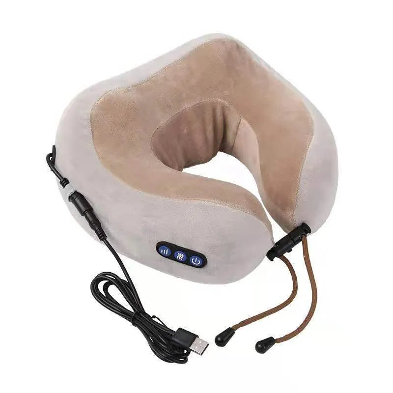 Brown U-shaped electric neck massager pillow on a grey background
