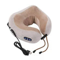 Brown U-shaped electric neck massager pillow on a grey background