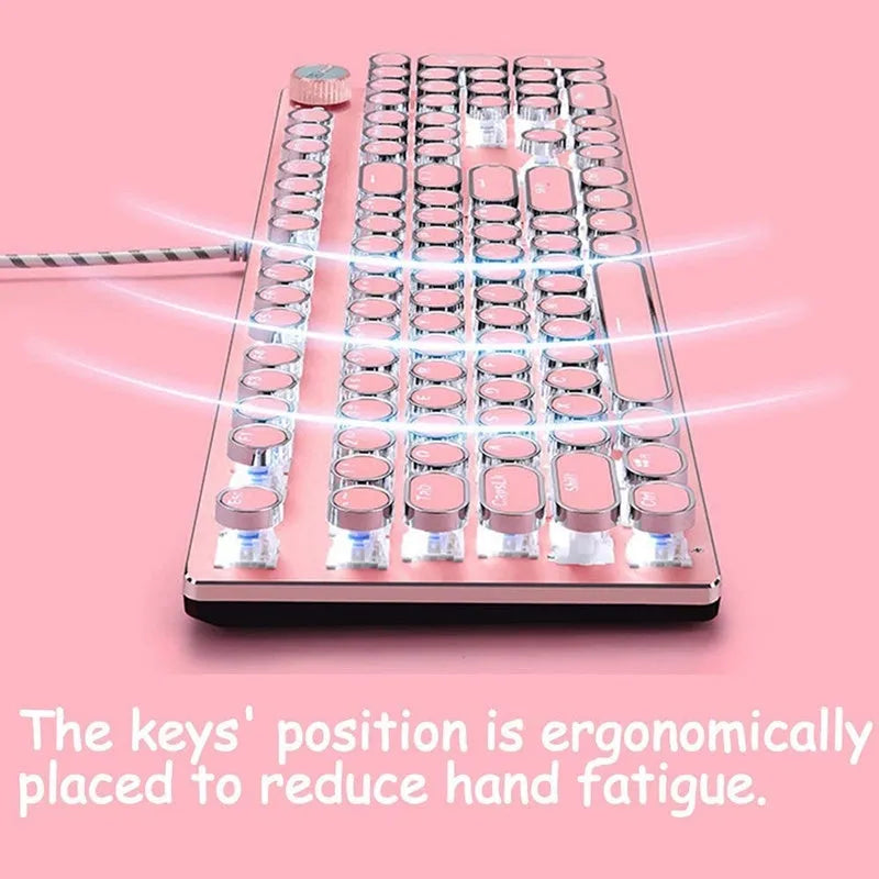 Silver and pink mechanical keyboard with green switches and wired USB connection