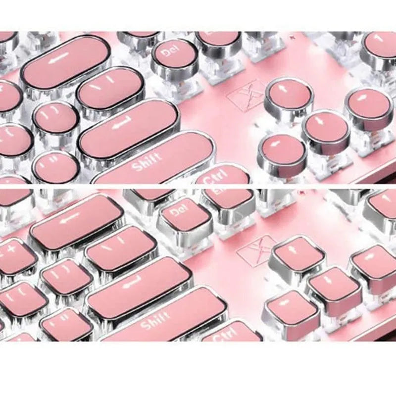 Silver and pink mechanical keyboard with green switches and wired USB connection