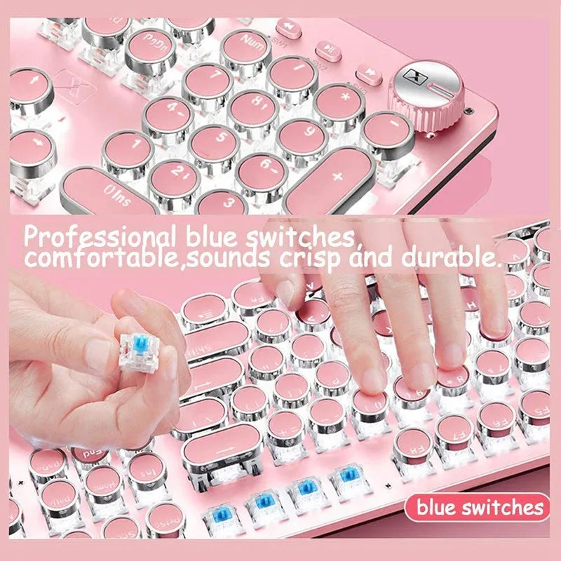 Silver and pink mechanical keyboard with green switches and wired USB connection