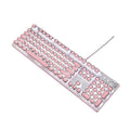 Silver and pink mechanical keyboard with white backlighting and green switches