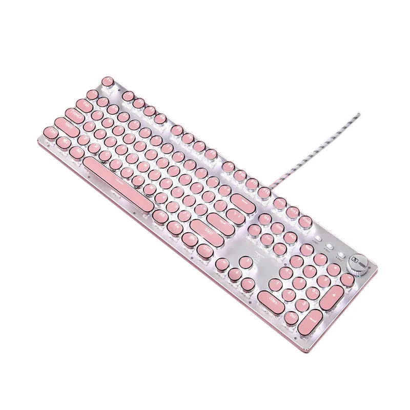 Silver and pink mechanical keyboard with white backlighting and green switches
