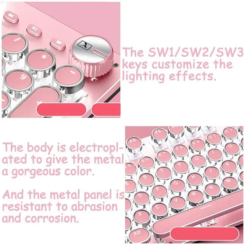 Silver and pink mechanical keyboard with green switches and wired USB connection