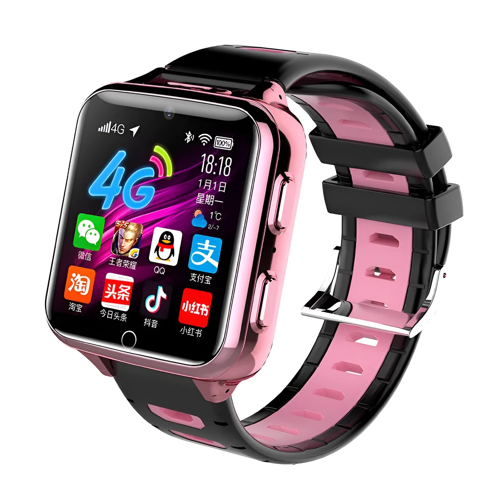 Children's Android smart watch with 1.54-inch screen and camera in black, blue, or pink colours