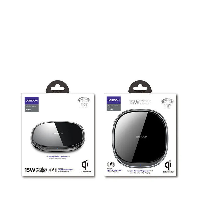 Black 15W wireless phone charger with glass surface and zinc alloy base