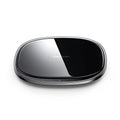 Black 15W wireless phone charger with glass surface and zinc alloy base