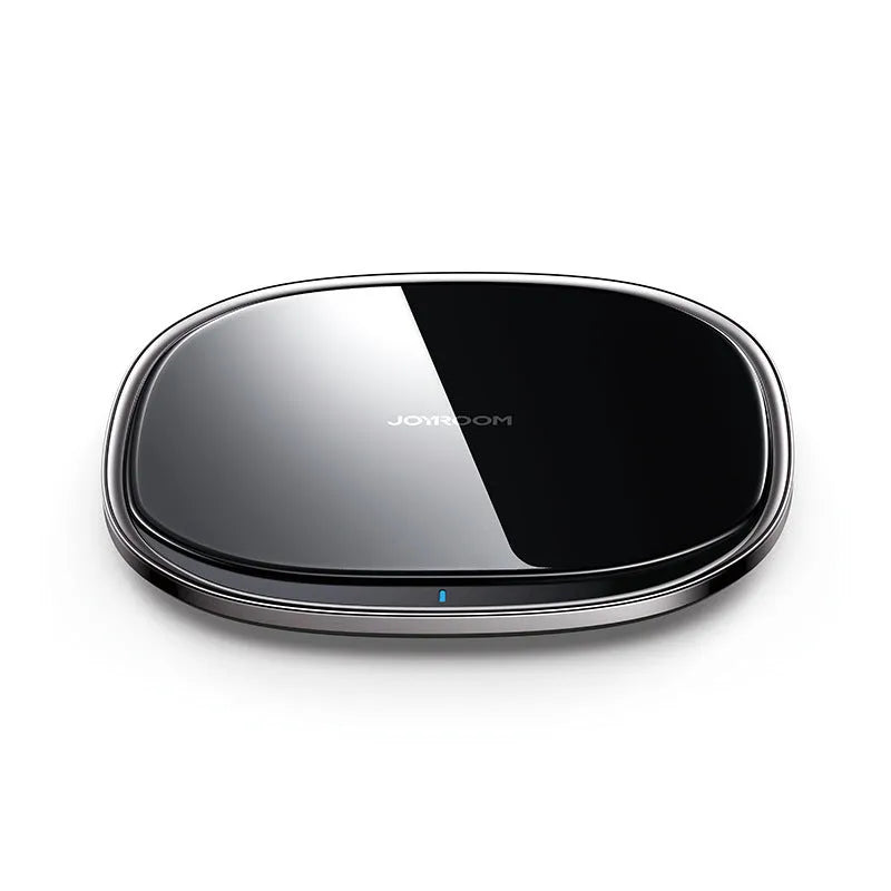 Black 15W wireless phone charger with glass surface and zinc alloy base