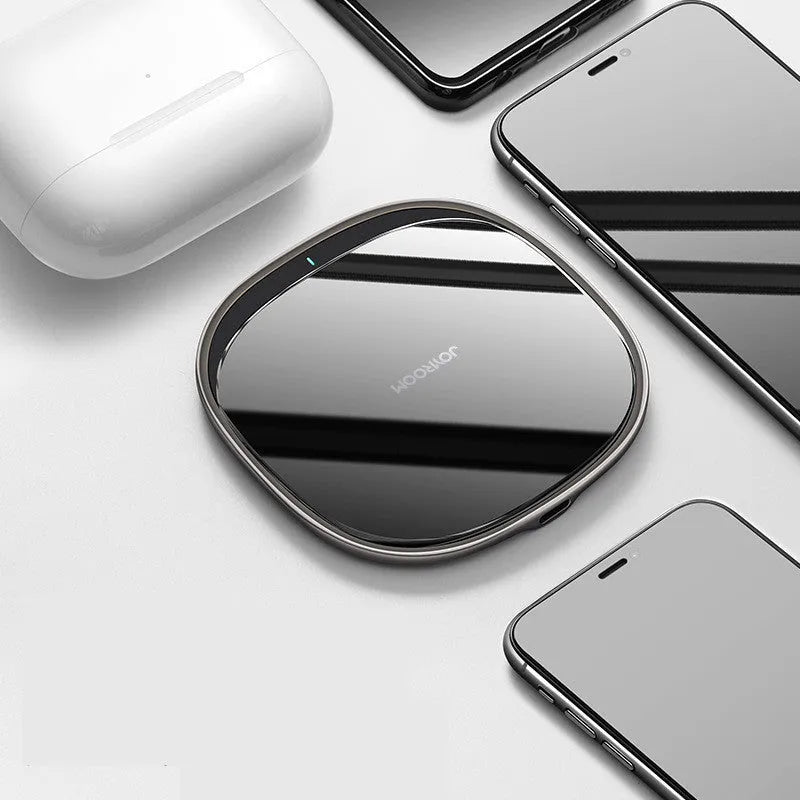 Black 15W wireless phone charger with glass surface and zinc alloy base