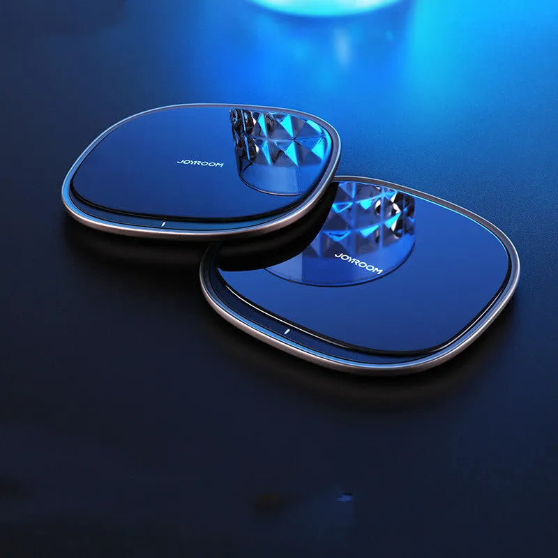 Black 15W wireless phone charger with glass surface and zinc alloy base