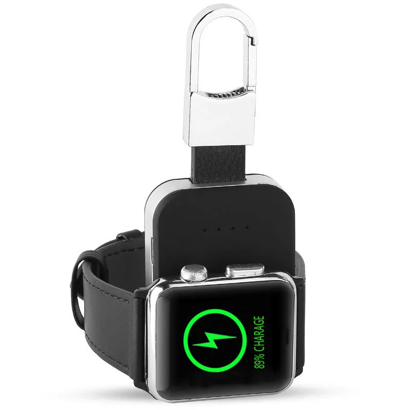 Black Apple Watch portable power bank keychain charger showing compact 127mm design