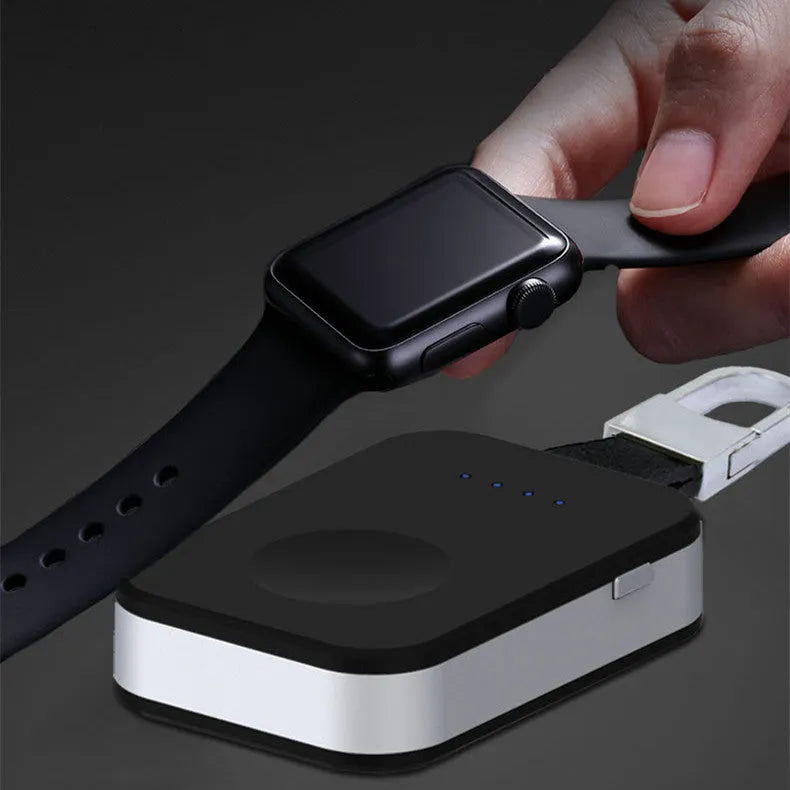 Black Apple Watch portable power bank keychain charger showing compact 127mm design