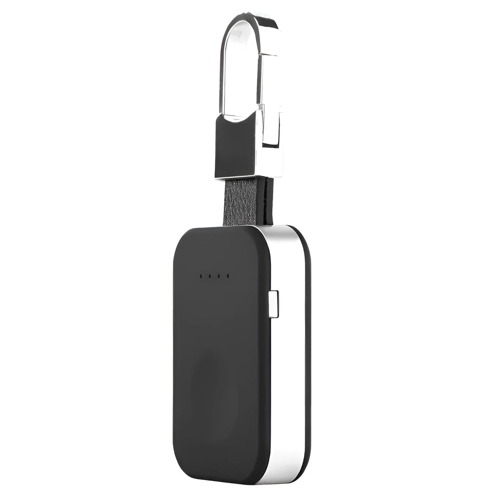 Black Apple Watch portable power bank keychain charger showing compact 127mm design