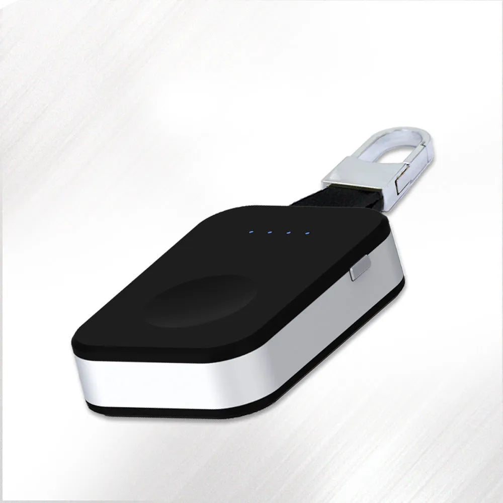 Black Apple Watch portable power bank keychain charger showing compact 127mm design