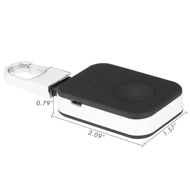 Black Apple Watch portable power bank keychain charger showing compact 127mm design