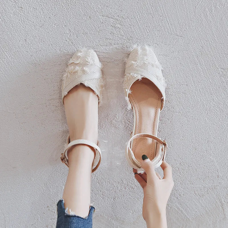 Women's apricot suede D'Orsay flats with ankle strap and 3cm low block heel