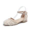 Women's apricot suede D'Orsay flats with ankle strap and 3cm low block heel
