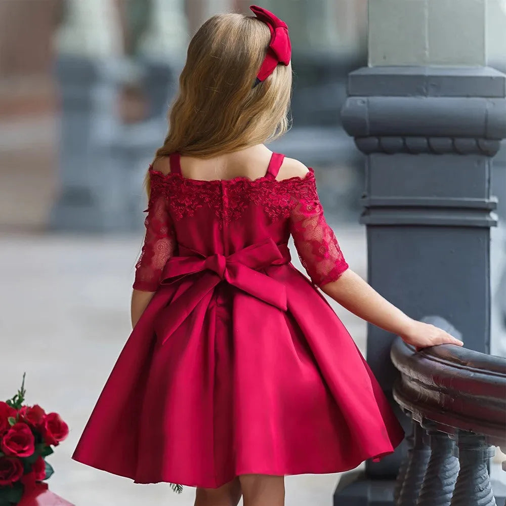 Girls' lace-trimmed dress in polyester fibre available in multiple colours and sizes 3T-10T
