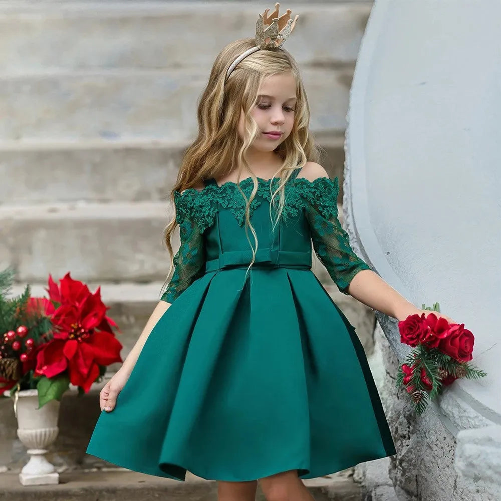 Girls' lace-trimmed dress in polyester fibre available in multiple colours and sizes 3T-10T