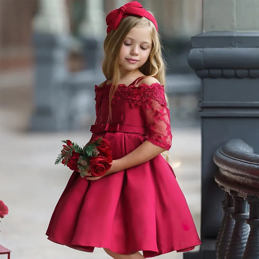 Girls' lace-trimmed dress in polyester fibre available in multiple colours and sizes 3T-10T