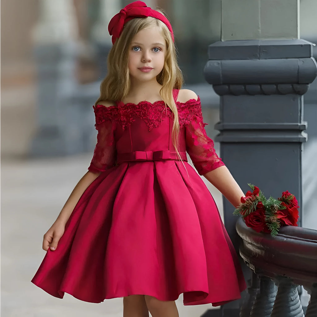 Girls' lace-trimmed dress in polyester fibre available in multiple colours and sizes 3T-10T