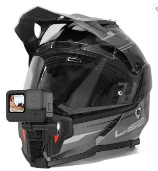 Black universal motorcycle helmet chin strap mount for GoPro and action cameras with silicone strap and nylon buckles.