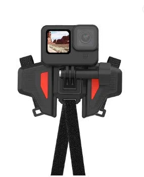 Black universal motorcycle helmet chin strap mount for GoPro and action cameras with silicone strap and nylon buckles.