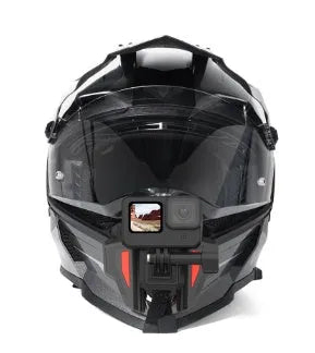 Black universal motorcycle helmet chin strap mount for GoPro and action cameras with silicone strap and nylon buckles.